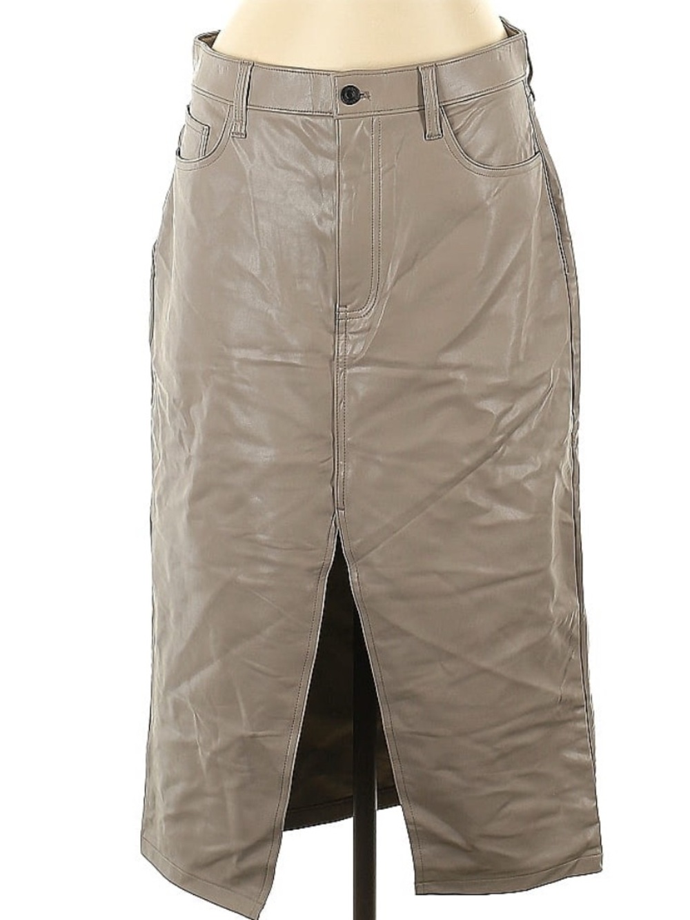 Abercrombie & Fitch Taupe Faux Leather Midi Skirt with Center Slit